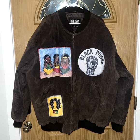 ✊🏿 Goldway Vintage Genuine Leather Suede Bomber Jacket Black Power Wearable Art